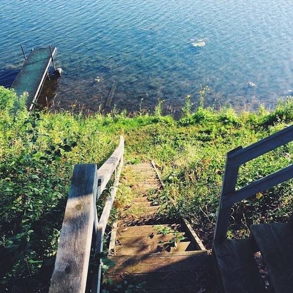 Stairs down to a lake.
