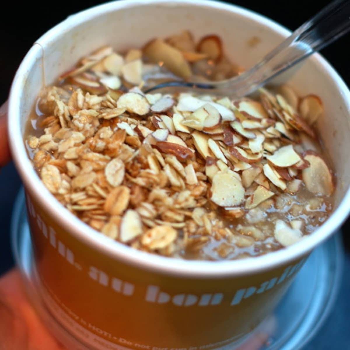 Peanut butter banana power oats in a cardboard container.