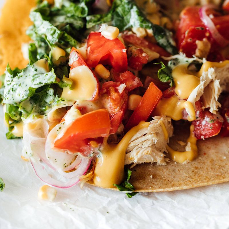 Close up of a saucy chicken wrap with toppings.