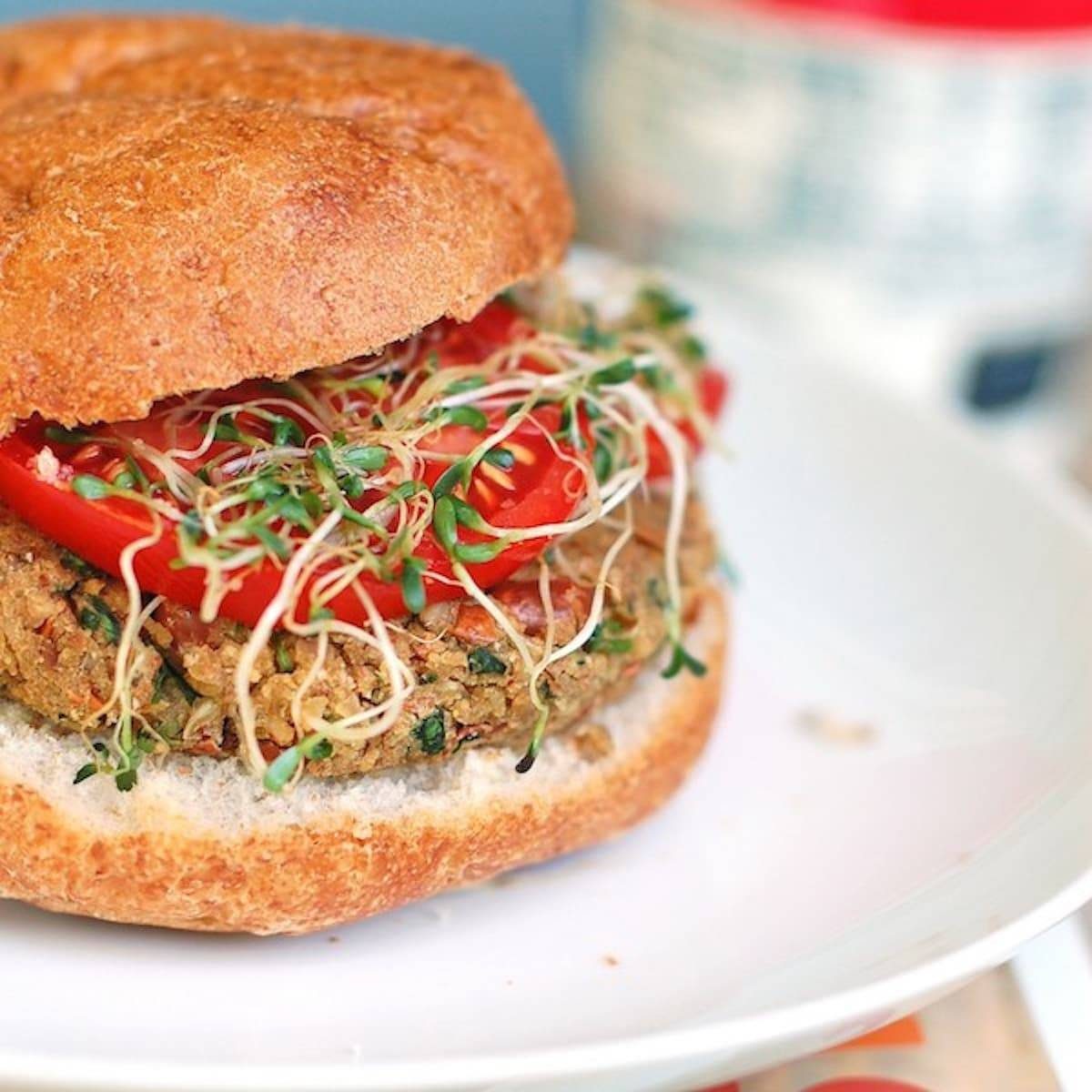 Bean burger with pinto beans, almonds, and sunflower seeds.
