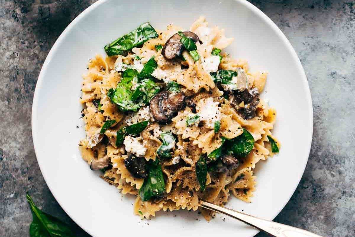 Date Night Mushroom Pasta on a white plate.