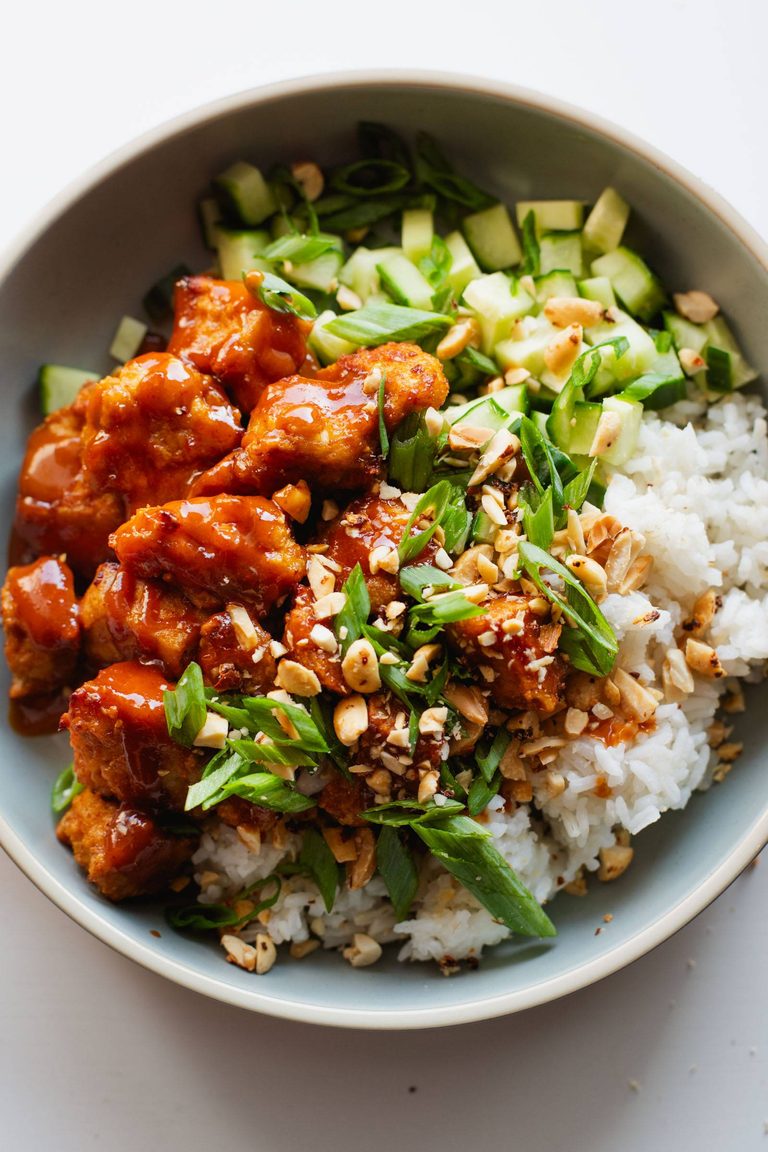 Gochujang tofu on rice.