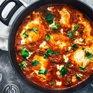 One-Pot Spicy Eggs and Potatoes with Goat Cheese